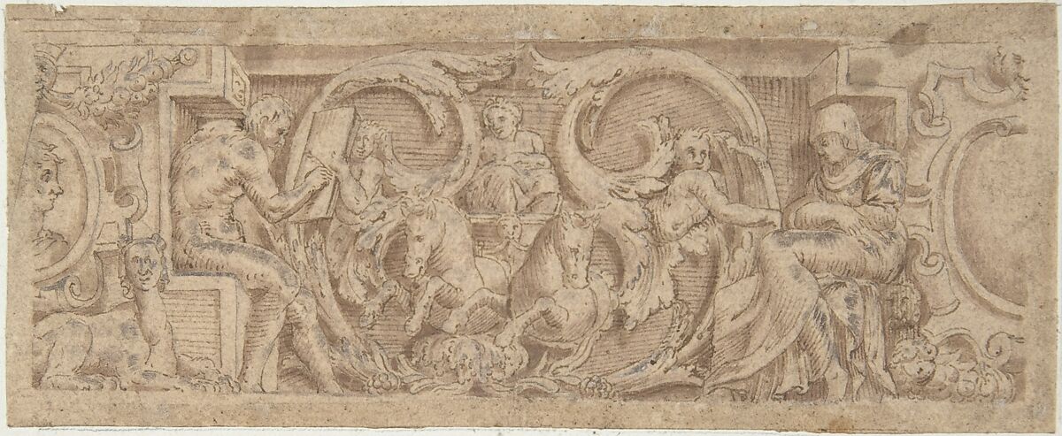 Figures, Horses, and Sphinx Entwined in Foliage and Strapwork, Anonymous, German, 19th century, Pen and brown ink, brush and brown wash, heightened with white; inlaid along, with 48.148(58a), on paper mount with pink and black framing lines 