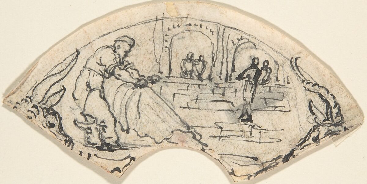 Design for a Cup(?) with a Man Putting up a Net, Anonymous, German, 19th century, Pen and black ink over traces of black chalk. Incised for transfer. 