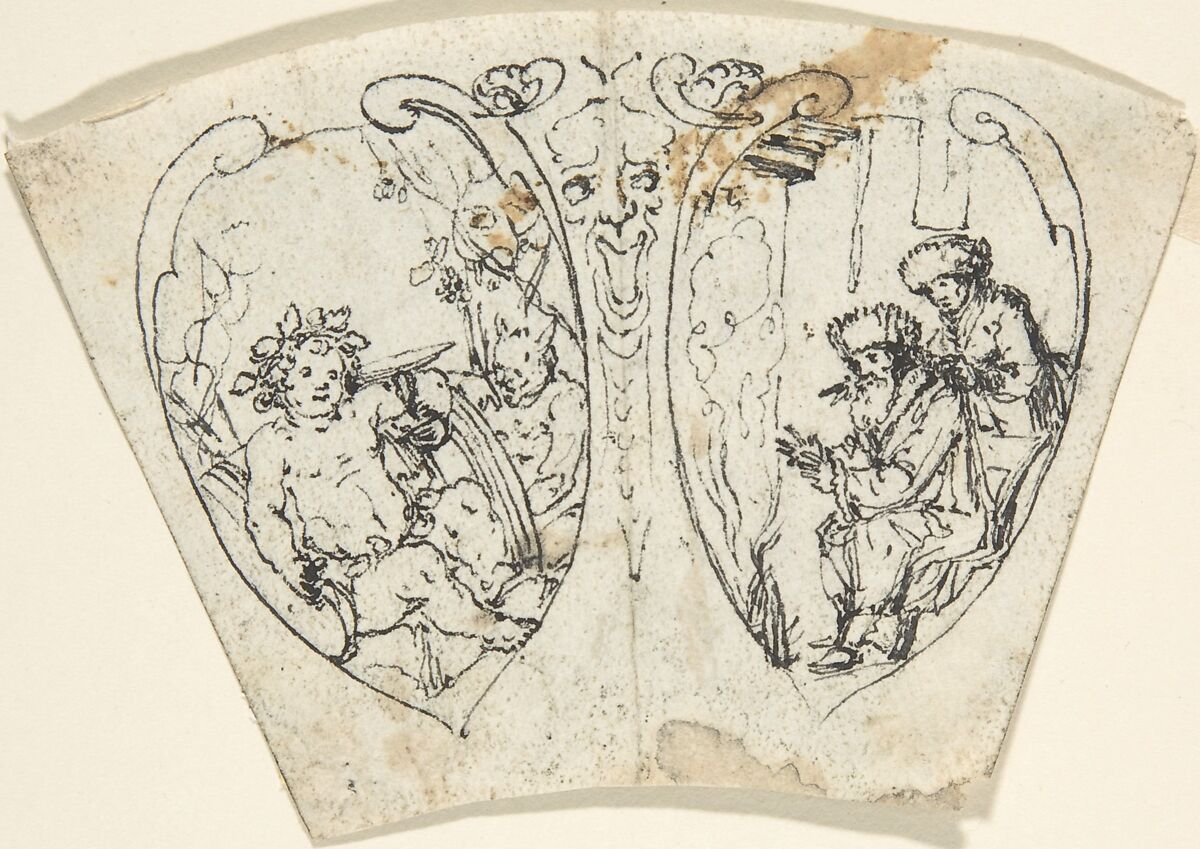 Design for a Cup (?) with Bacchus and Two Figures Warming Themselves (January), Anonymous, German, 19th century, Pen and black ink. Incised for transfer. Laid paper. 