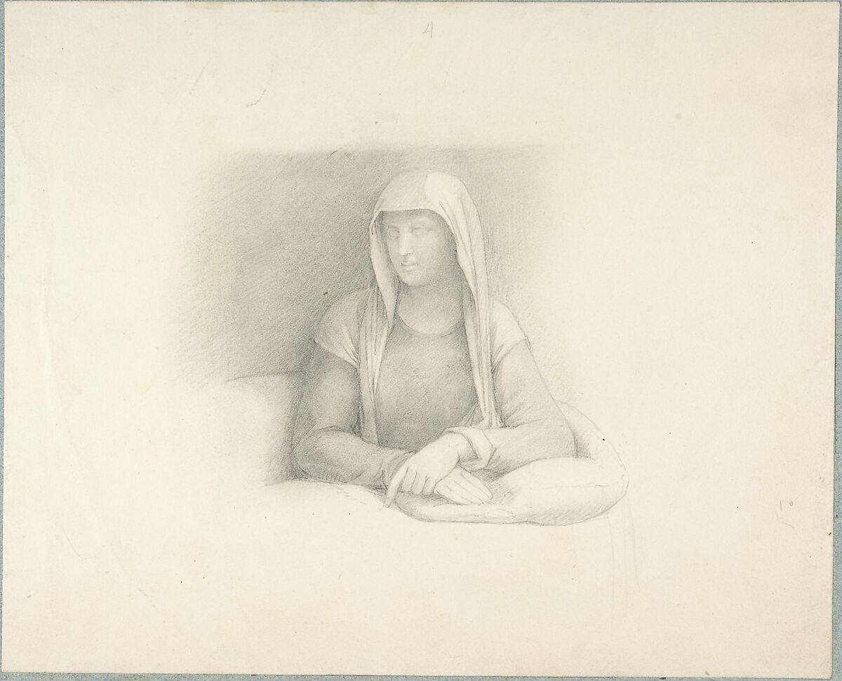 Study of a Woman Leaning on a Cushion, Anonymous, German, 19th century, Graphite laid down on blue paper mount with framing lines in pen and brown. 