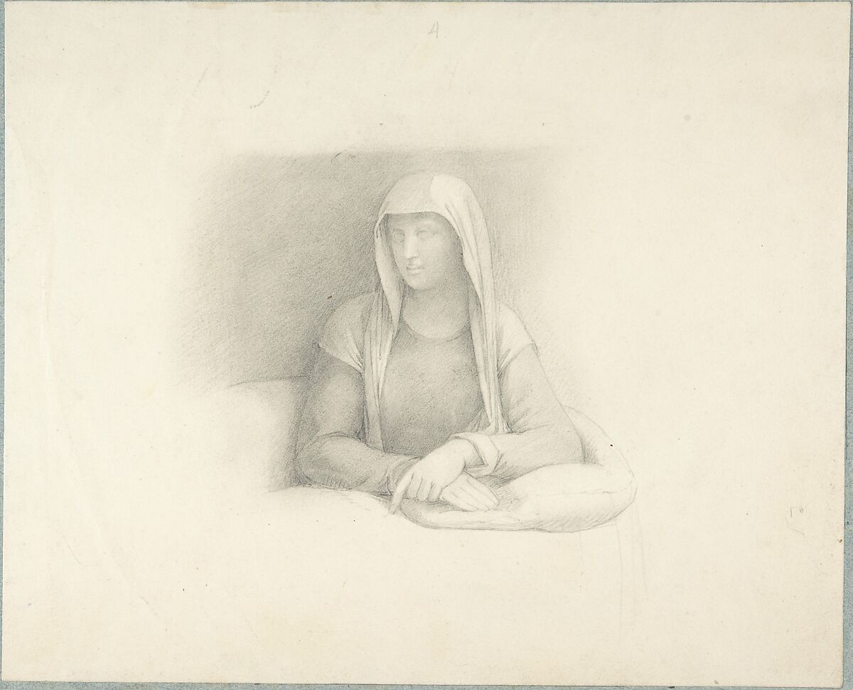 Study of a Woman Leaning on a Cushion, Anonymous, German, 19th century, Graphite laid down on blue paper mount; framing lines in pen and brown ink 