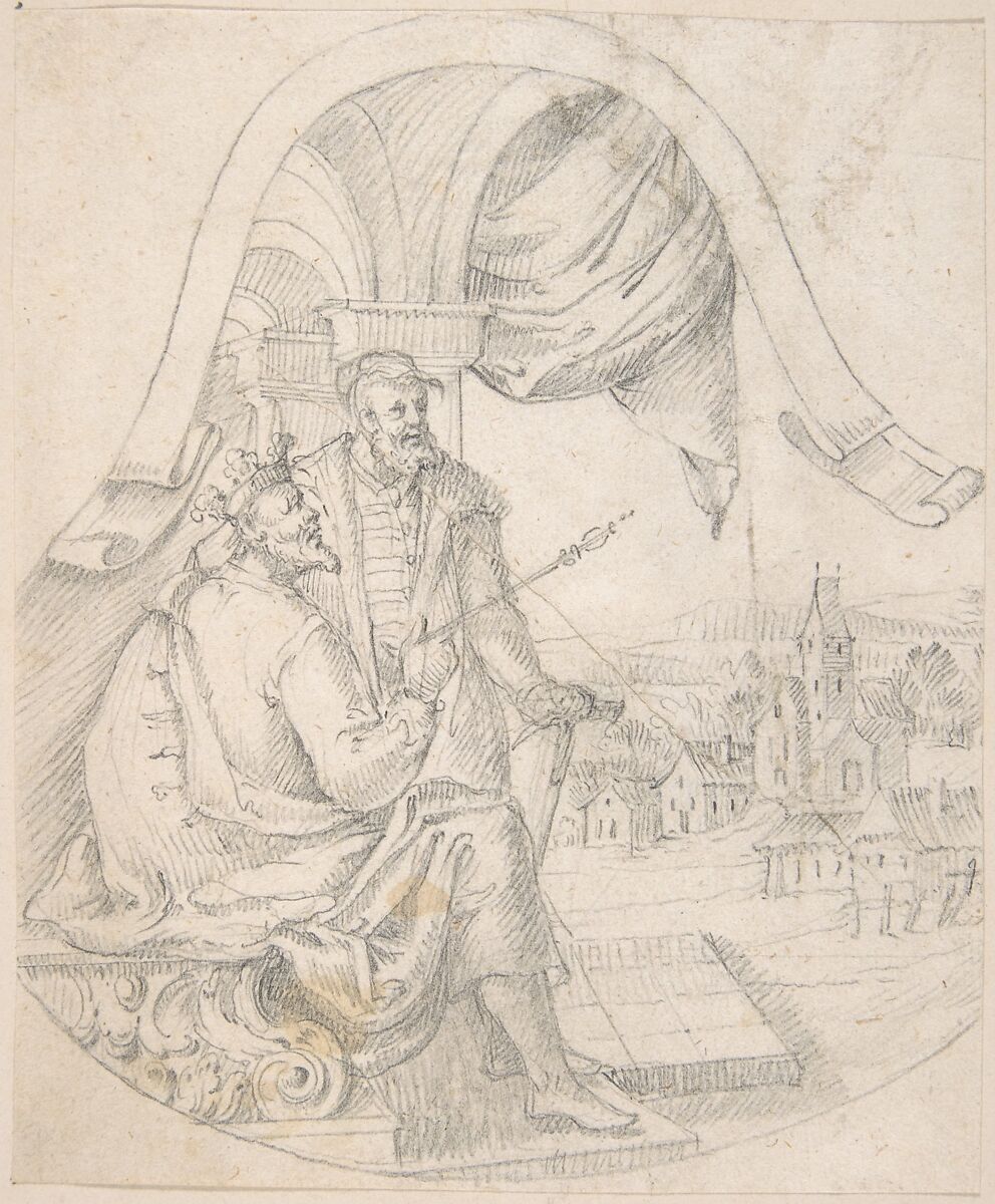 Design for an Illustration: King and Courtier against a Landscape, Anonymous, German, 19th century, Graphite on laid paper 