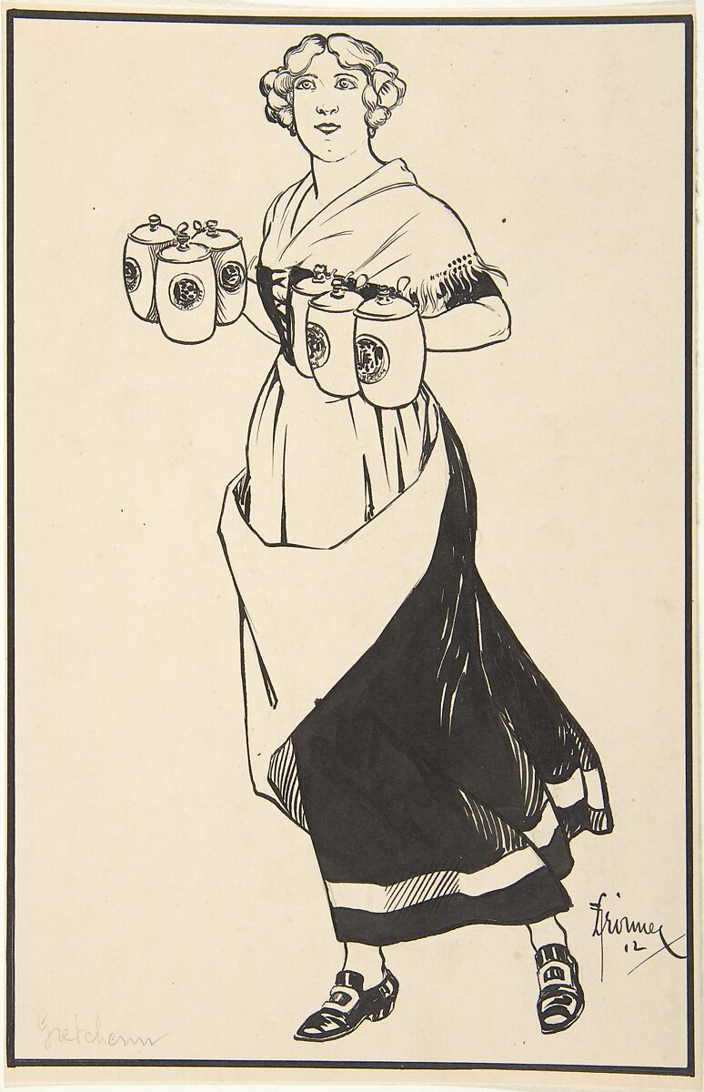 Woman Carrying Beer Steins, F. Droimer (German, ca. 1912) ?, Brush and black ink. 