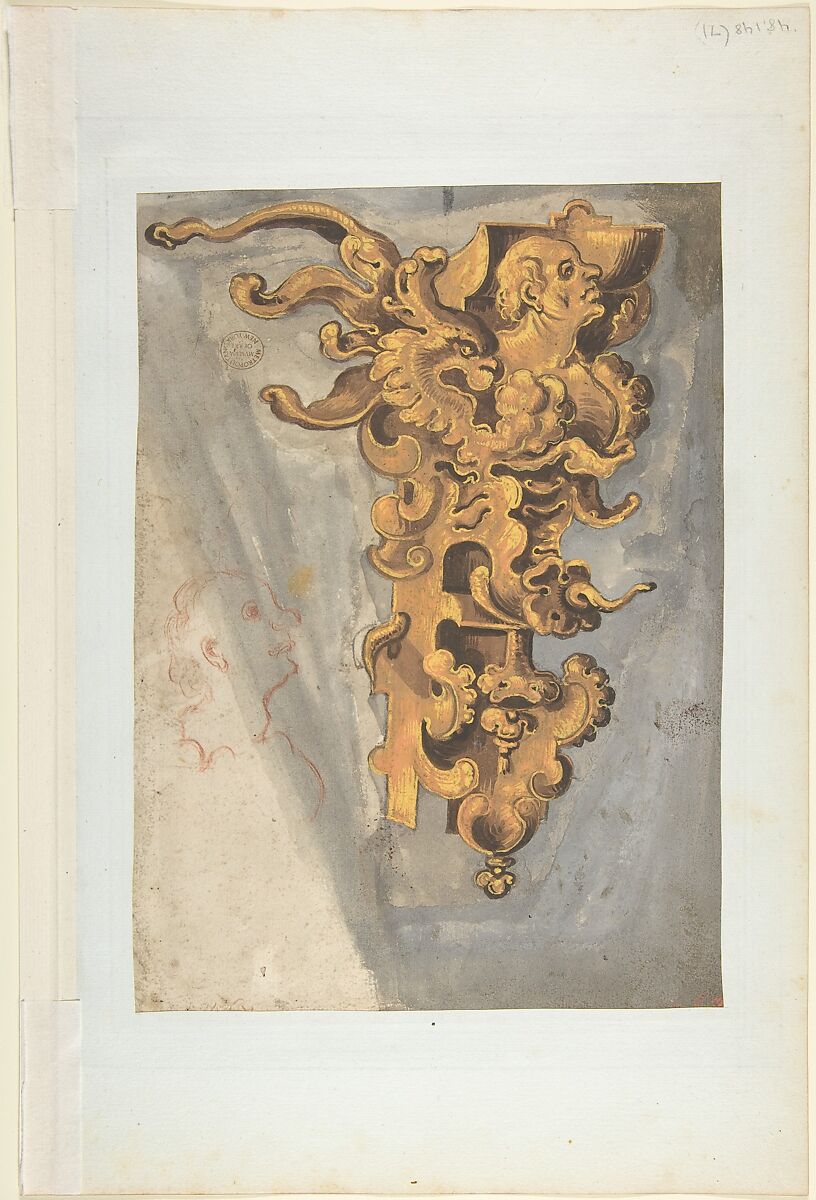 Nymph Playing a Horn (recto); Bracket with a Man's Head (verso), Anonymous, German, 16th century, Brush and brown and gray wash, gray-green gouache, heightened with white over black chalk (recto); brush and brown wash and yellow orange and brown gouache, silhouetted with brush and gray wash; red chalk (verso)