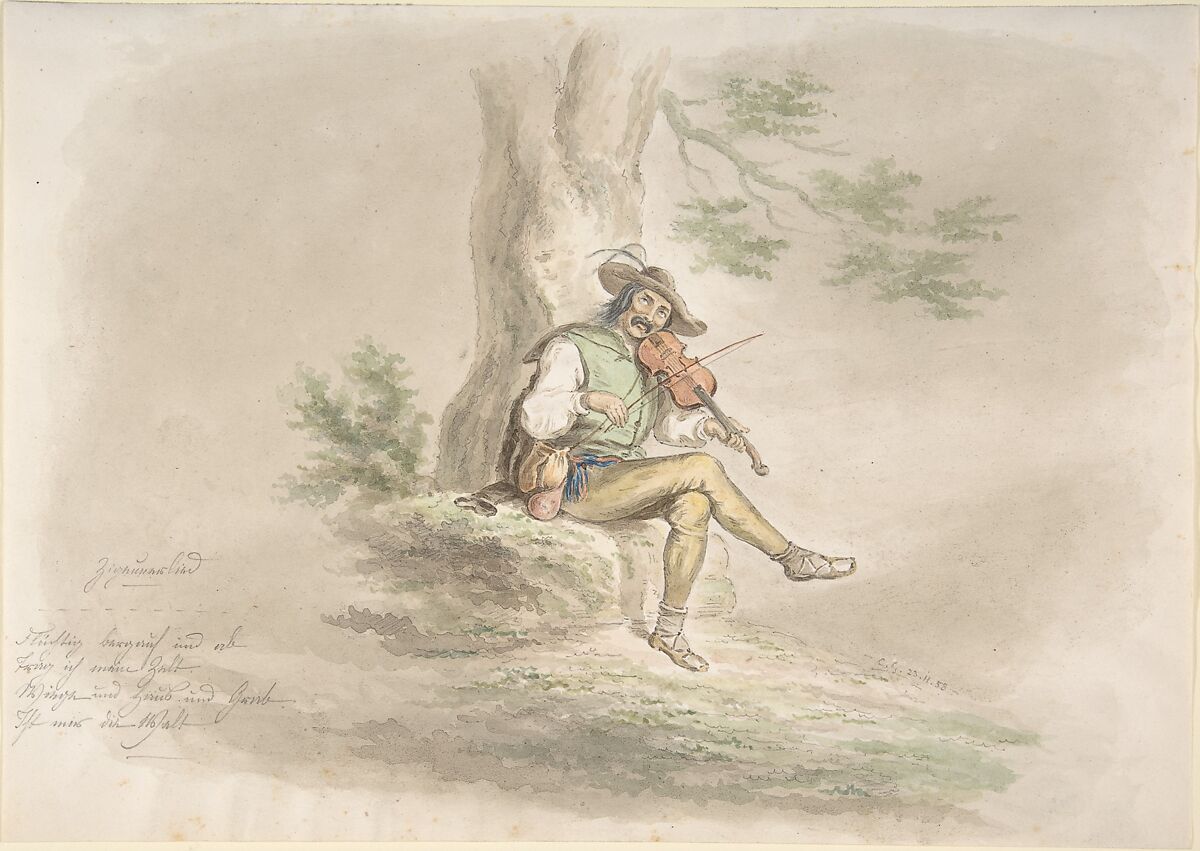 Gypsy Fiddler, Monogrammist CG (German, 19th century), Graphite, brush and watercolor 