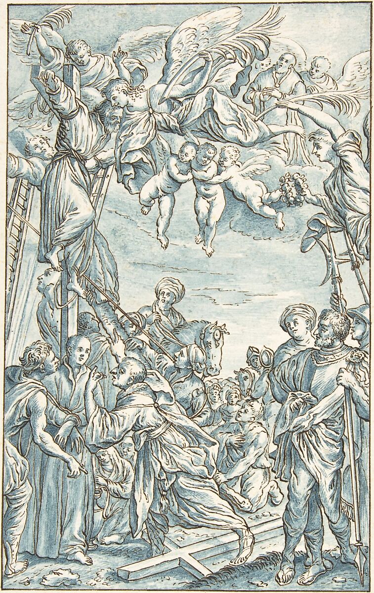 Martyrdom of a Saint, Anonymous, German, 19th century, Pen and dark brown ink, brush and blue wash. Heavy laid paper. 
