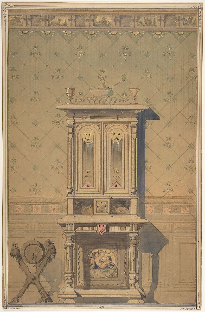 Design for a Cabinet in an Interior Setting, Anonymous, German, 19th century, Graphite, watercolor, gray wash, with metallic paint. On thin tracing paper mounted on cardboard with decorative framing lines in pencil. 