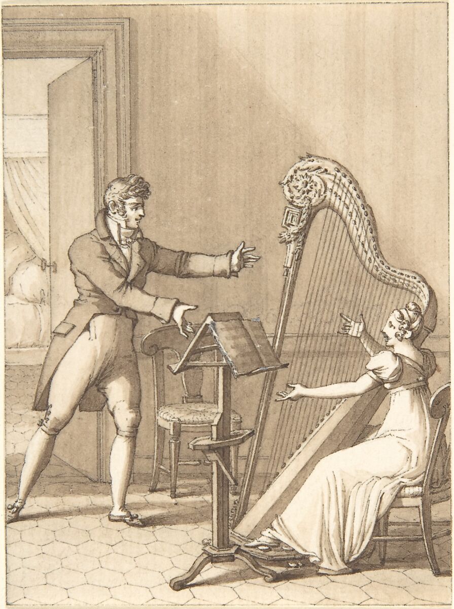 Design for a Book Illustration: a Man Approaching a Woman Playing a Harp, Anonymous, German, 19th century, Pen and brown ink, brush and brown wash. 