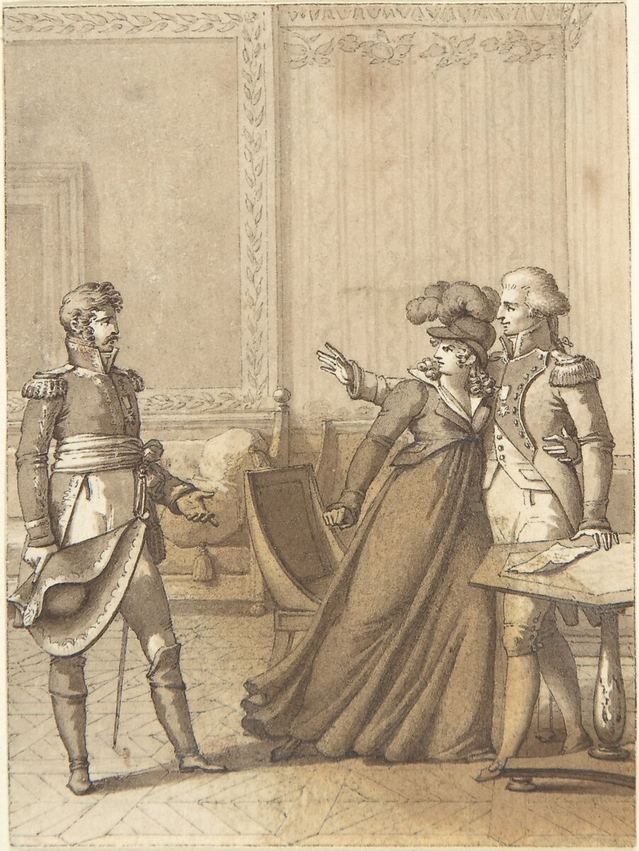 Design for a Book Illustration: a Soldier Approaching a Couple, Anonymous, German, 19th century, Pen and black ink, brush and brown wash. 