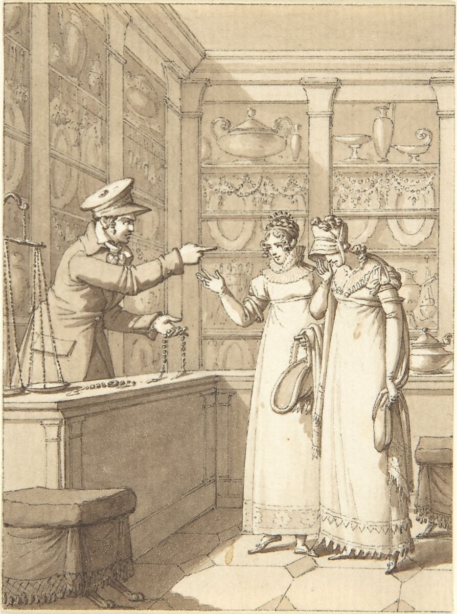 Design for a Book Illustration: Two Women in a Pawn Shop, Anonymous, German, 19th century, Pen and black ink, brush and brown wash.  Laid paper. 