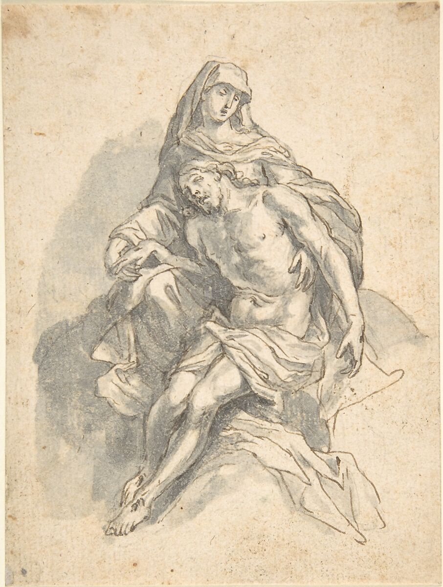 Pietà, Anonymous, German, 17th century (?), Pen and brown ink, brush and gray wash over black chalk. Laid down 