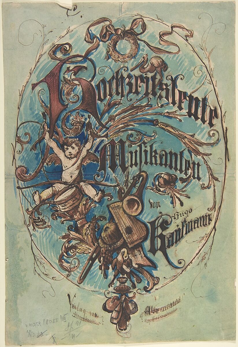 Design for a Title Page Sheet Music, Anonymous, German, 19th century, Pen and brown ink brush and watercolor over red chalk on green washed paper. 