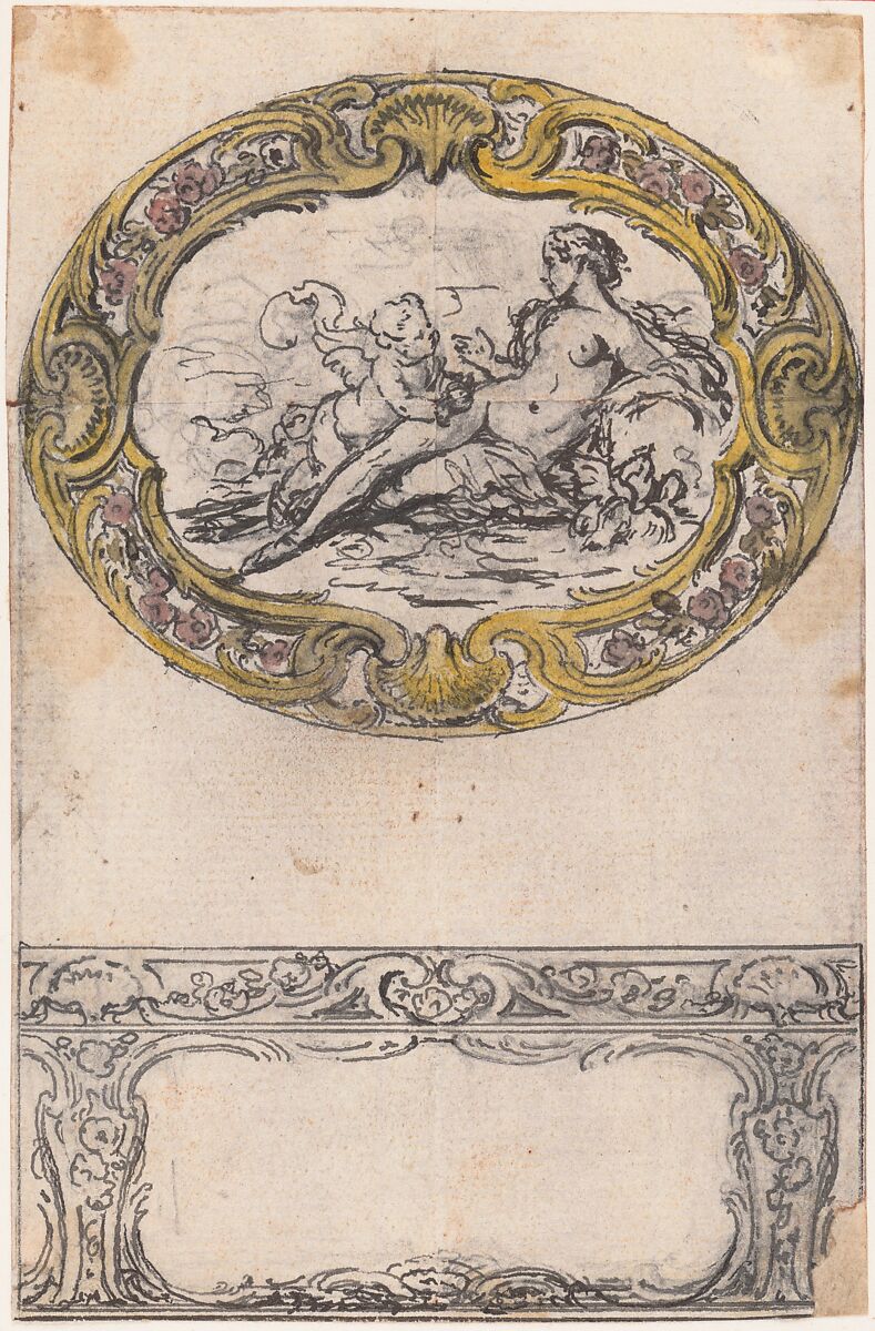 Design for an Oval Gold Box, Hubert François Gravelot (French, Paris 1699–1773 Paris), Pen and gray and black ink over graphite, with brush and yellow and rose wash on top