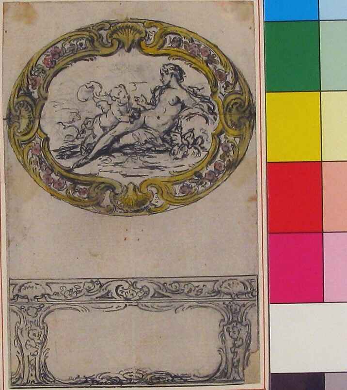 Design for an Oval Gold Box, Hubert François Gravelot (French, Paris 1699–1773 Paris), Pen and gray and black ink over graphite, with brush and yellow and rose wash on top