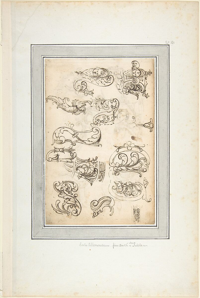 Various Ornamental Designs, Anonymous, German, 19th century, Pen and brown ink over black chalk; inlaid into paper mount with gray wash framing lines 