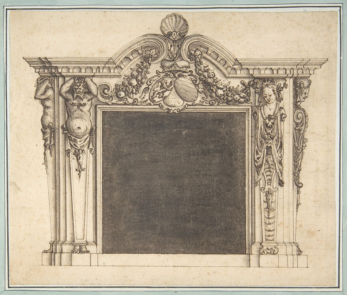 Design for a Mantelpiece with the Arms of Bavaria (?), Anonymous, German, 19th century, Pen and brown ink, brush and brown wash over traces of black chalk; inlaid into mount washed with blue and with blue framing lines 