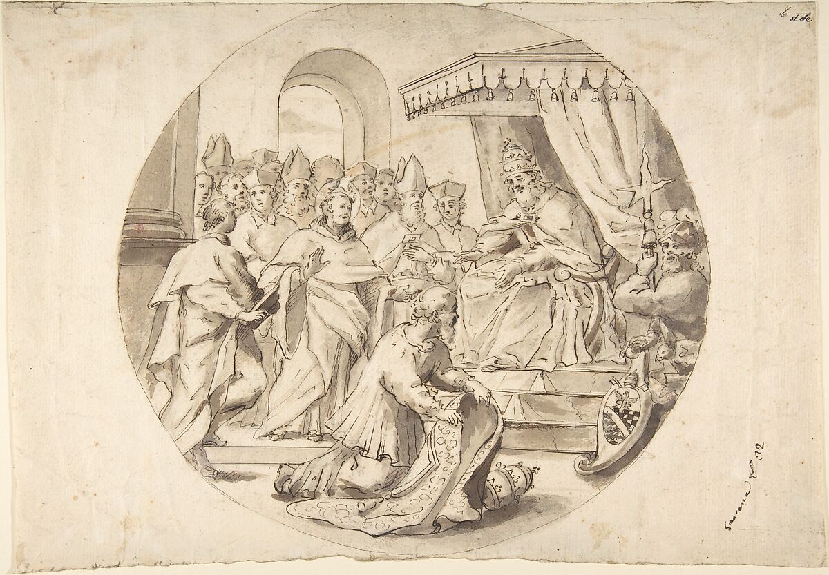 A Pope Recieving a Saint, Anonymous, German, 18th century (?), Pen and brown ink, brush and brown and gray-brown wash over traces of black chalk. Laid paper 