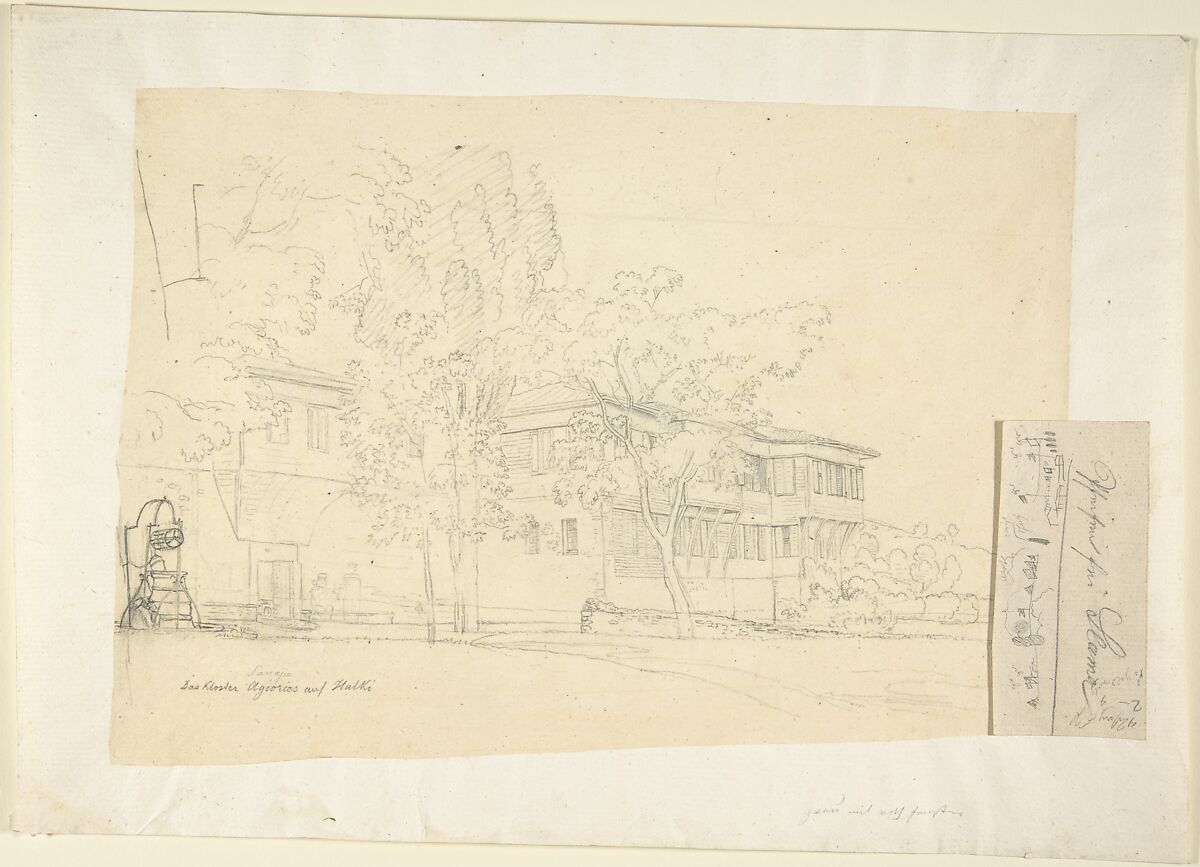 The Cloister Sanajia (?) at Kalki, Franz von Hauslab the Younger (Austrian, Vienna 1798–1883), Pencil on tracing paper, mounted on laid paper. Small piece of paper with some sketches attached to right margin of mount. 