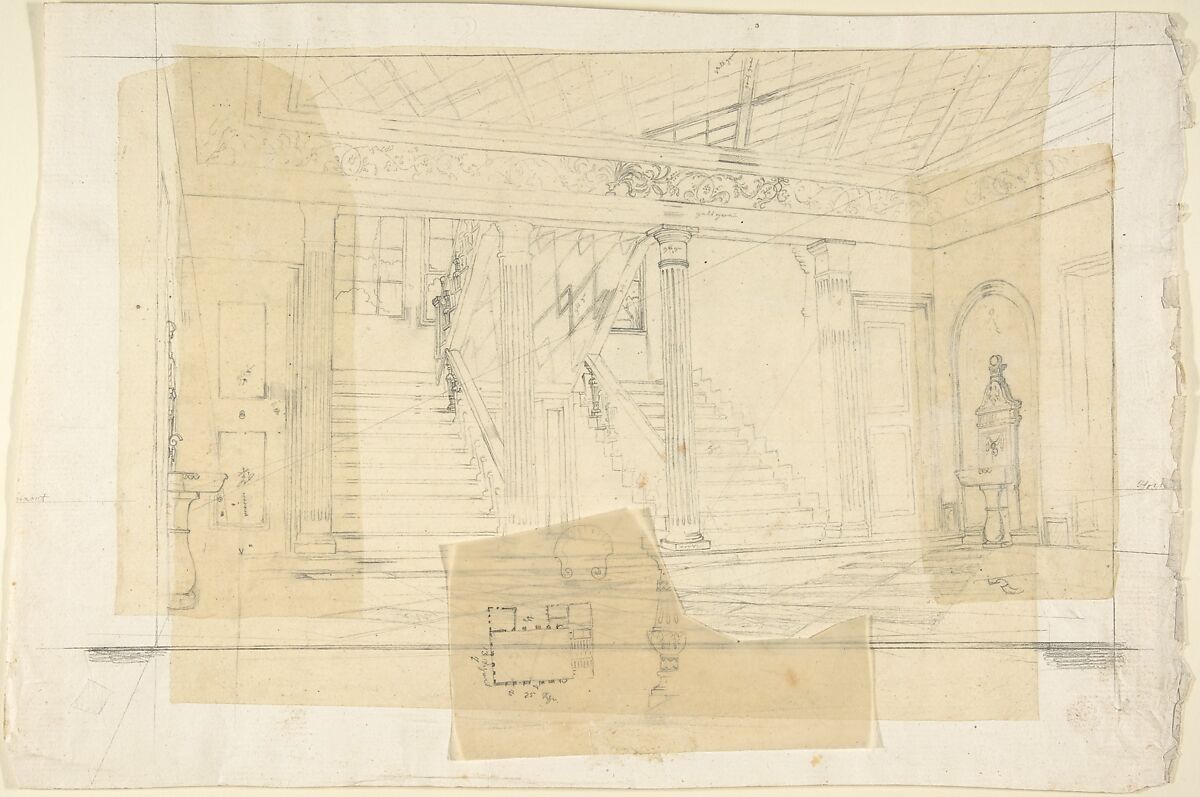 Interior of the Alhambra(?), Franz von Hauslab the Younger (Austrian, Vienna 1798–1883), Pencil on four sheets of tracing paper mounted onto laid paper. 