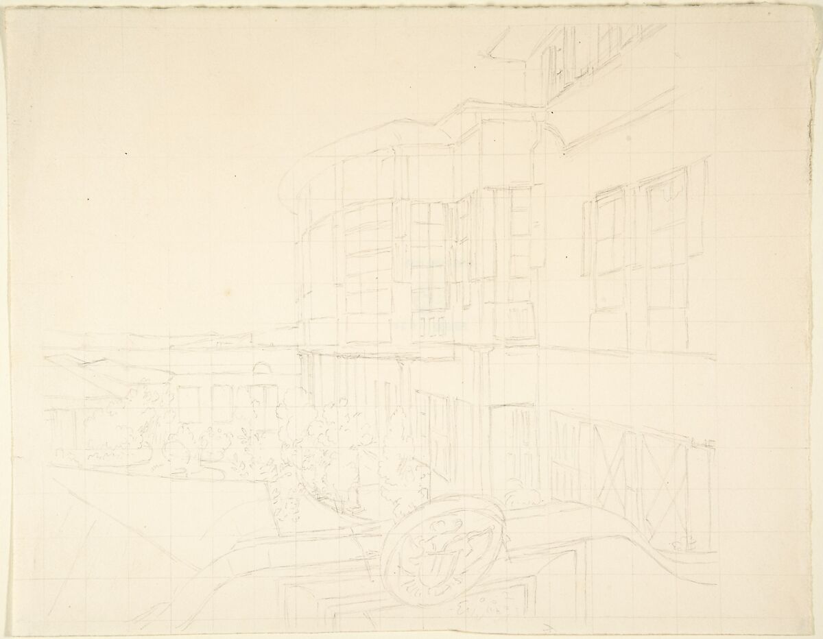 Sketch of Building, Franz von Hauslab the Younger (Austrian, Vienna 1798–1883), Graphite; squared in graphite 