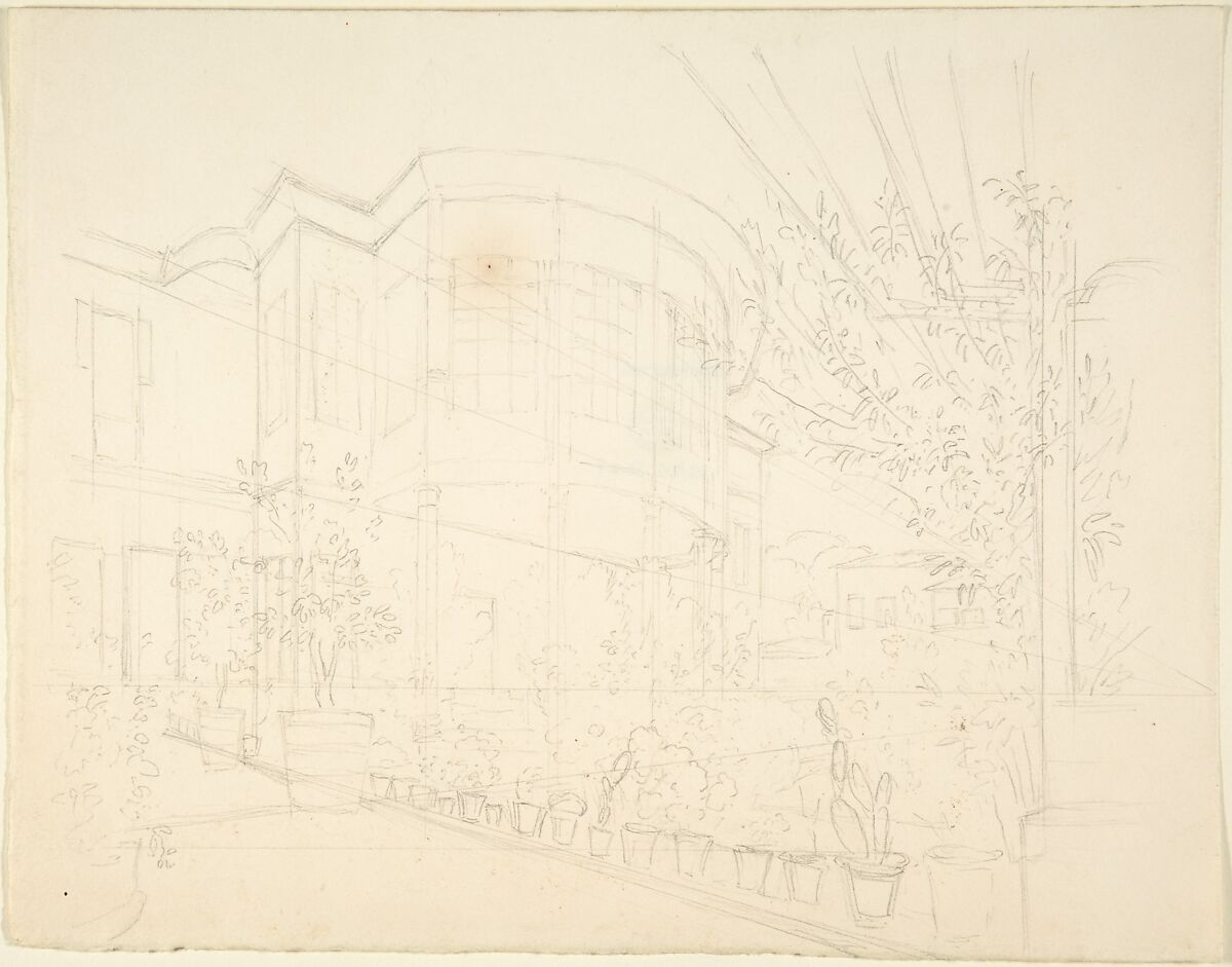 Sketch of Building and Garden, Franz von Hauslab the Younger (Austrian, Vienna 1798–1883), Pencil. Overlaid with orthogonal lines. 