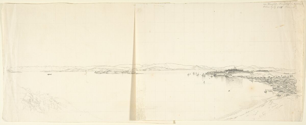 View of a Bay and Mountains, Franz von Hauslab the Younger (Austrian, Vienna 1798–1883), Pencil on two sheet of wove paper pasted together. Squared in pencil. 