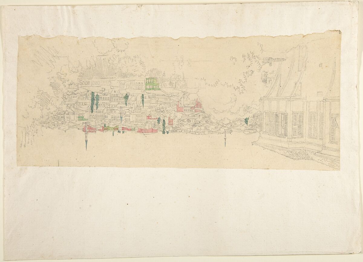 View of Town, Franz von Hauslab the Younger (Austrian, Vienna 1798–1883), Pencil and watercolor on tracing paper mounted on paper. 