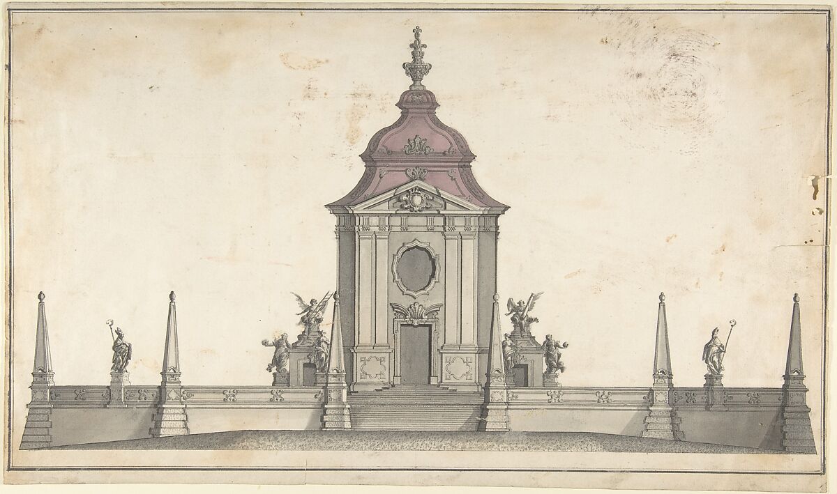 Design for a Funerary Monument, Anonymous, German, 18th century (?), Pen and black ink, brush and gray wash, with mauve wash.  Laid paper. 