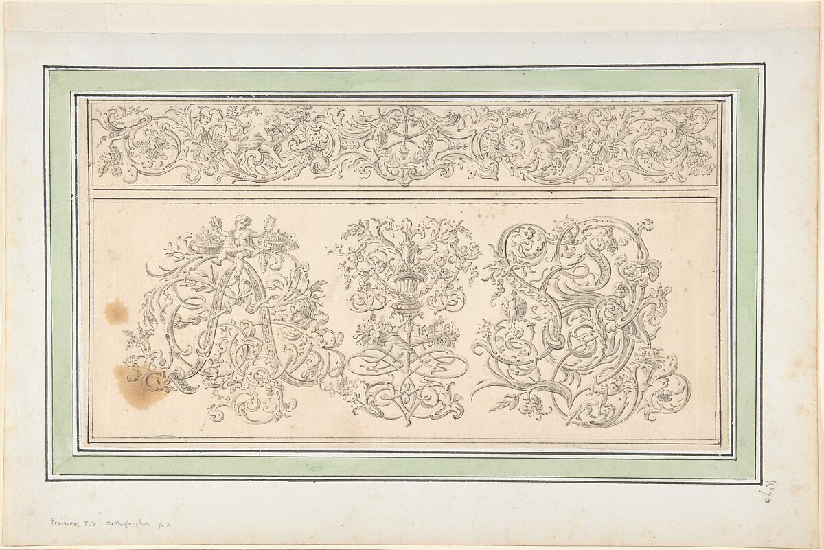 Design for plate 2, from "Orthographia", Johann Daniel Preissler (German, Nuremberg 1666–1737 Nuremberg), Pen and gray ink, brush and gray wash over traces of black chalk; inlaid on paper mount with green and black framing lines; incised(?) 