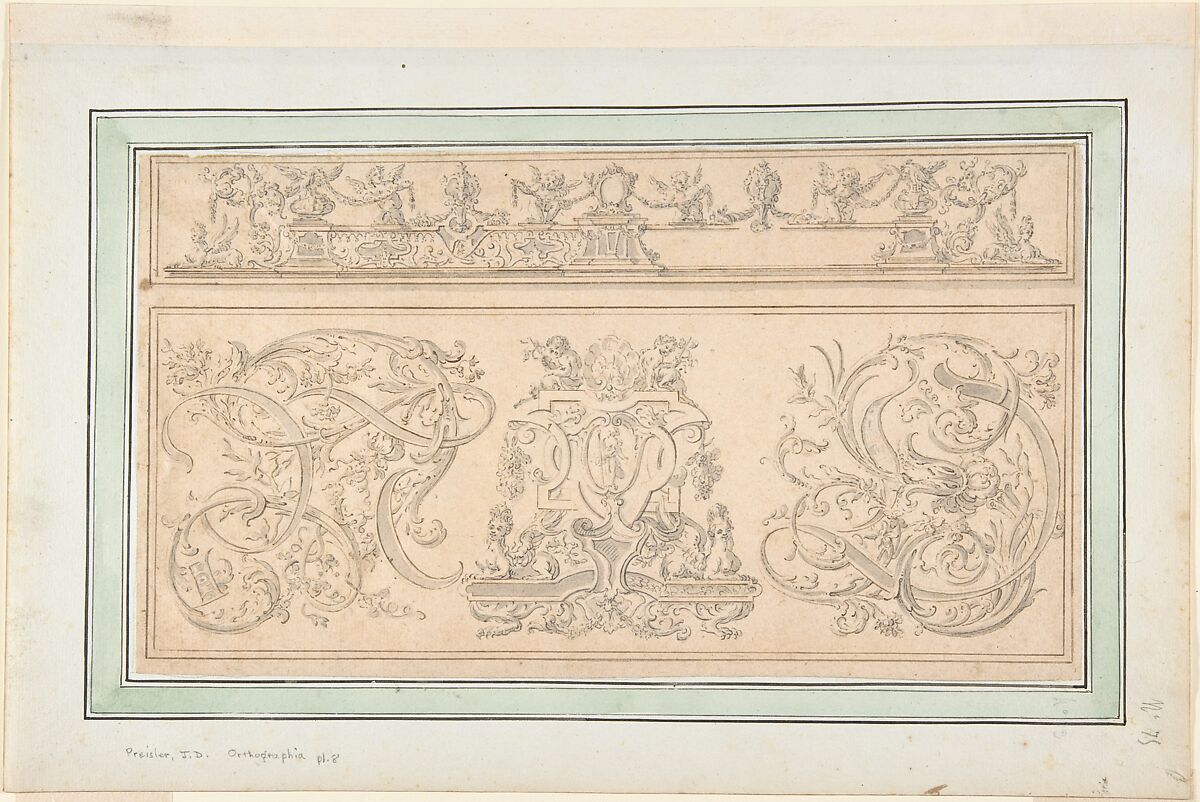 Design for plate 8, from "Orthographia", Johann Daniel Preissler (German, Nuremberg 1666–1737 Nuremberg), Pen and brown and gray ink, brush and gray wash over black chalk; inlaid on paper mount with green and black framing lines 