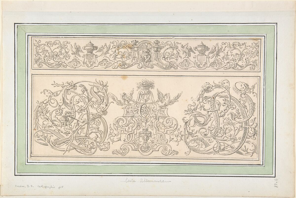 Design for plate 5 from "Orthographia", Johann Daniel Preissler (German, Nuremberg 1666–1737 Nuremberg), Pen and black ink, brush and gray wash over black chalk; inlaid on paper mount with green and black framing lines; incised(?) 