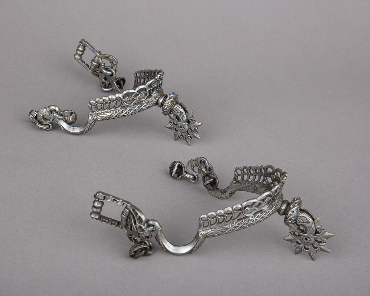 Pair of Rowel Spurs, Iron alloy, tin, German 