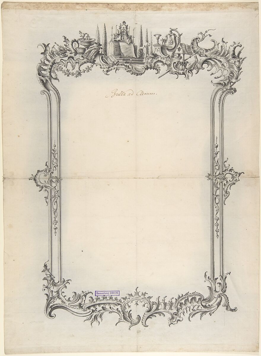 Design for Frame with Ecclesiastical Motifs, Johann Oktavian Salver (German (active Würzburg) 1732–1788), Brush and black ink, and gray ink over traces of black chalk. Flaps of paper added to original and folded under at top and bottom. Incised for transfer. 
