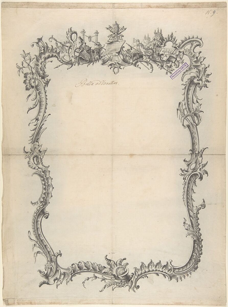 Design for a Frame, Johann Oktavian Salver (German (active Würzburg) 1732–1788), Brush and black ink and gray wash over traced of black chalk. Incised for transfer.  Flaps of paper added at top and bottom turned under. 