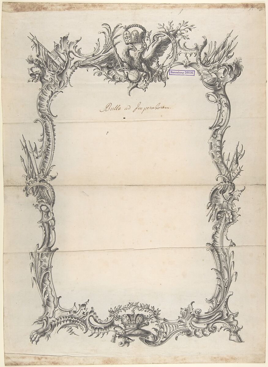 Design for a frame with Eagles and Trophies, Johann Oktavian Salver (German (active Würzburg) 1732–1788), Brush and black ink and gray wash over traces of black chalk. Incised for transfer. Sheet extended at top and bottom; extensions turned under. 