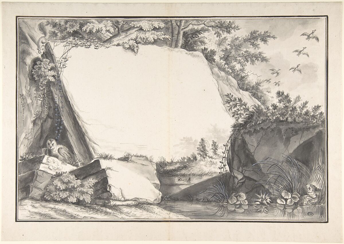 Design for a Title Page(?): Rocks and Animals, Joseph Martin Nideröst (Swiss, Schwyz 1778–1801 Augsburg), Brush and black and gray wash with white heightening 