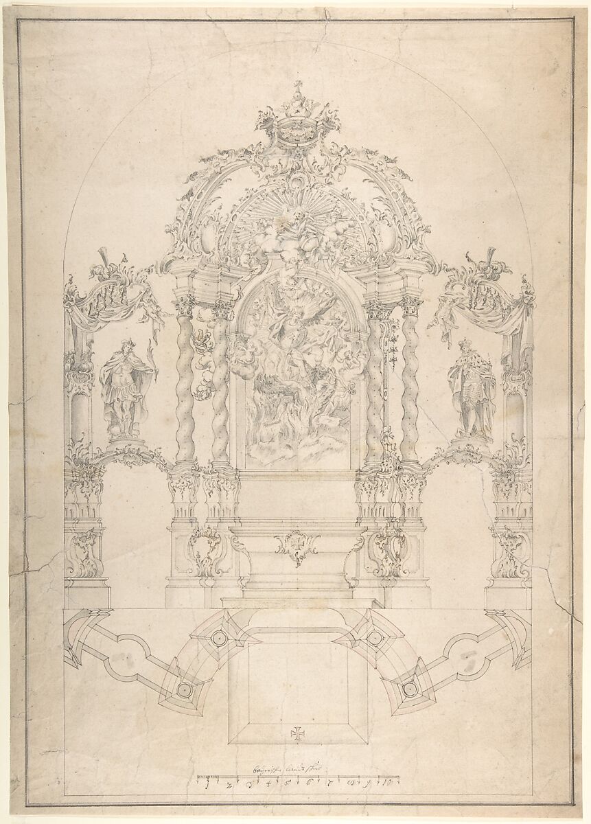 Design for an Alter with Saint Michael and the Dragon, Attributed to Johann Baptist Modler (German, 1700–1774), Pen and black and touches of brown ink, brush and gray and touches of pink wash 