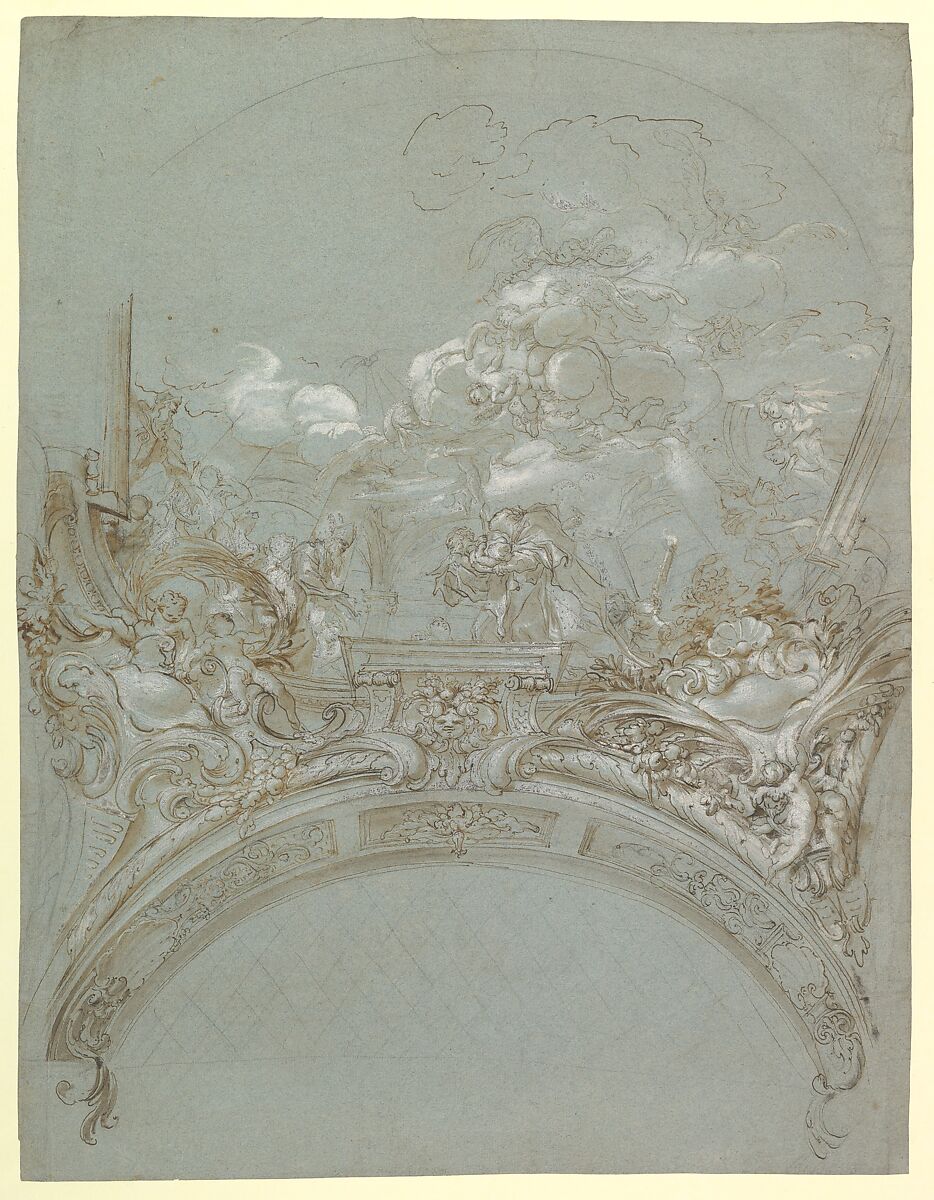 Ceiling Design with the Presentation in the Temple, Gregorio de&#39; Ferrari (Italian, Porto Maurizio 1647–1726 Genoa), Pen and brown ink, brush and brown wash, highlighted with white, over traces of black chalk, on blue-gray paper 