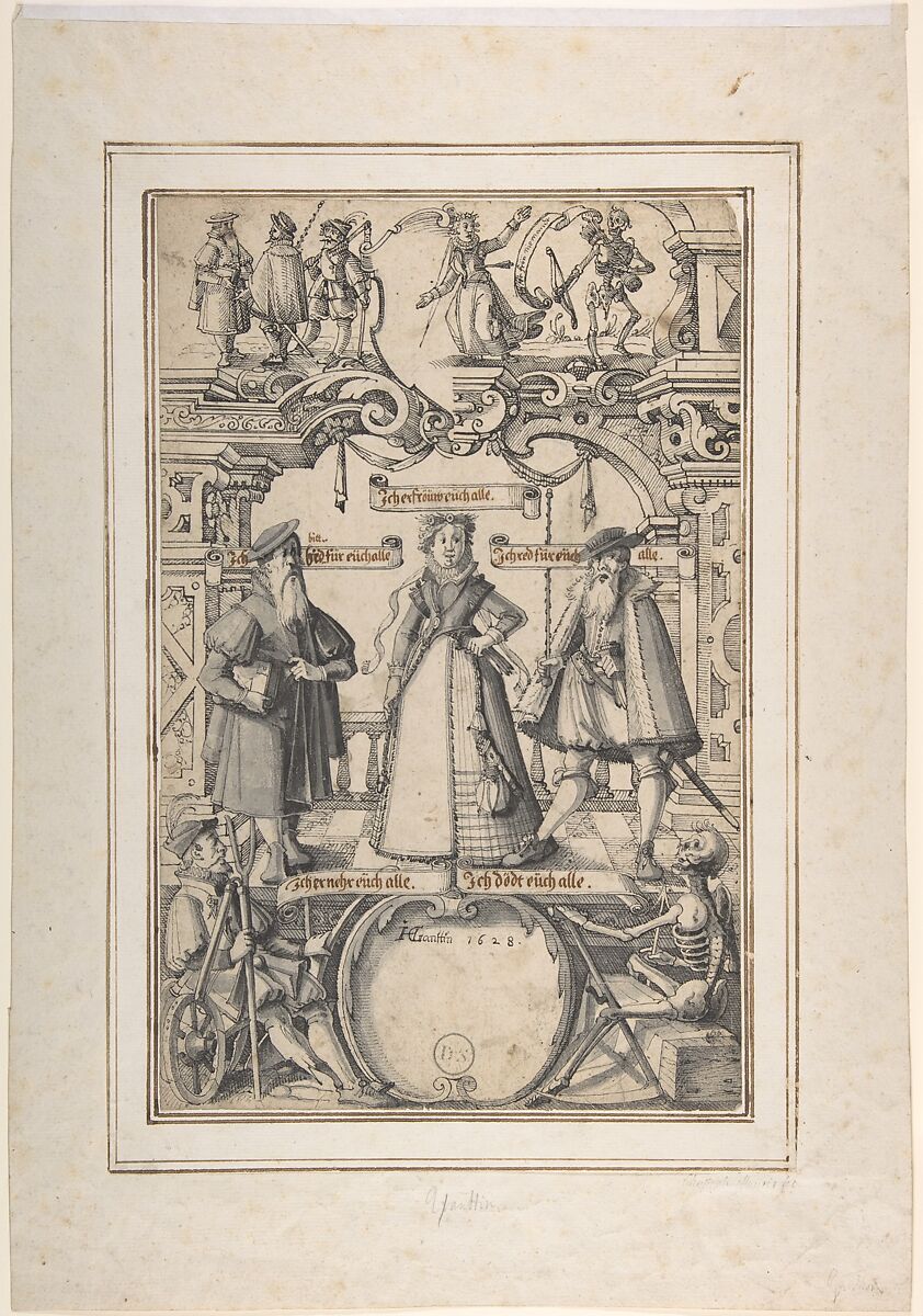 Design for Stained Glass, Hans Ganting the Younger (Swiss, Bern before 1586–ca. 1634), Pen and black ink, brush and gray wash, bandroll inscription in pen and brown ink.  Laid down on paper mount with brown framing lines. 