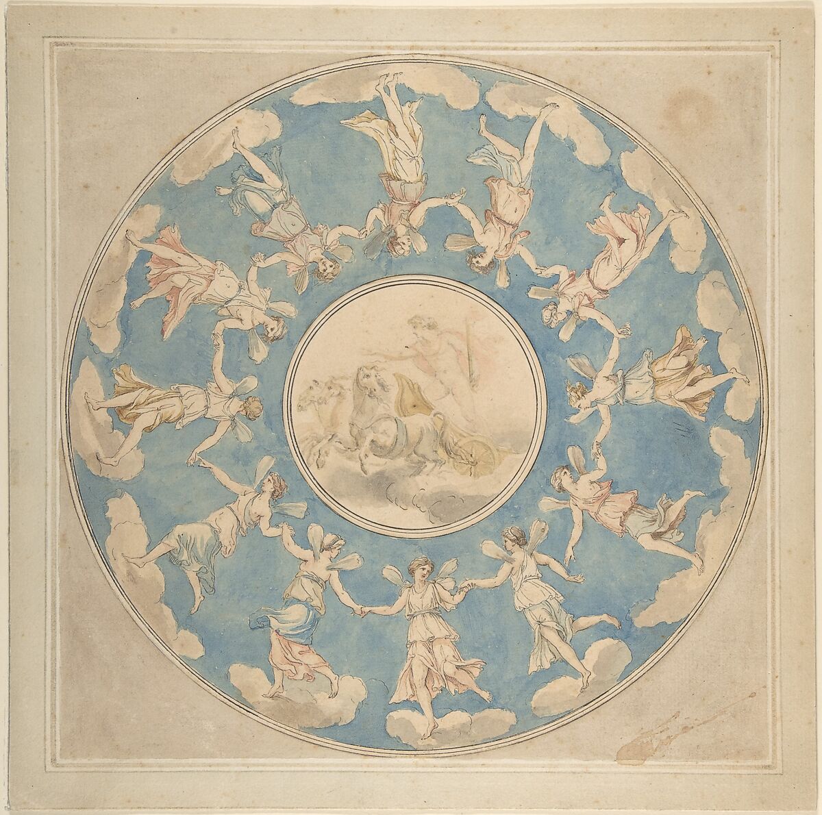 Design for Ceiling: Apollo and the Hours, Angelica Kauffmann (Swiss, Chur 1741–1807 Rome), Pen and black ink, brush and gray ink, brown wash, watercolor, over black chalk 