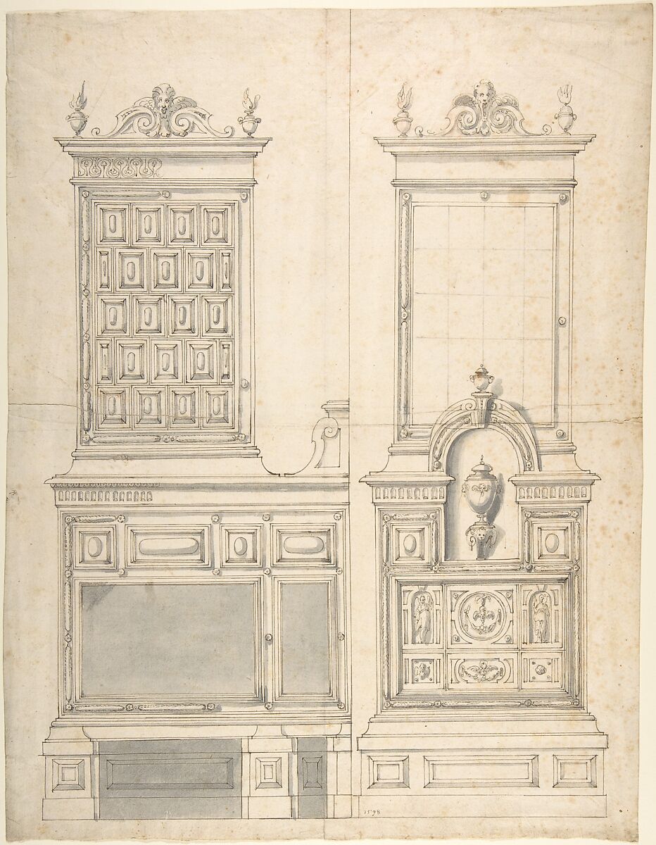 Design for a Stove and Wall Fountain (?), Workshop of Friedrich Sustris (Netherlandish (possibly born Italy), Venice (?) ca. 1540–1599 Munich), Pen and brown ink, brush and gray wash over black chalk. Laid paper. 