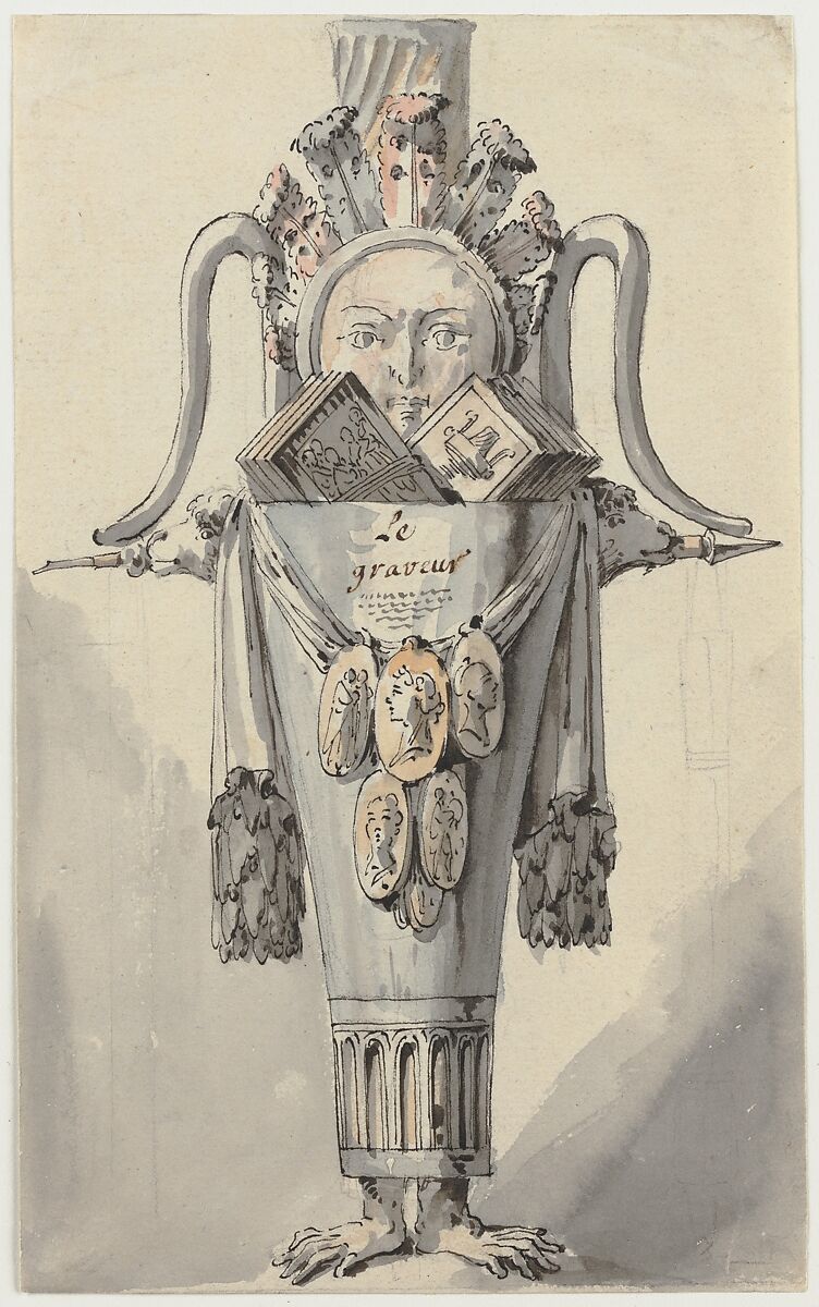 Caricature of an Engraver (recto); Sketch for a Caricature (verso), Jean Charles Delafosse (French, Paris 1734–1789 Paris), Pen and black ink, brush and gray wash, colored washes, over black chalk (recto); black chalk (verso)