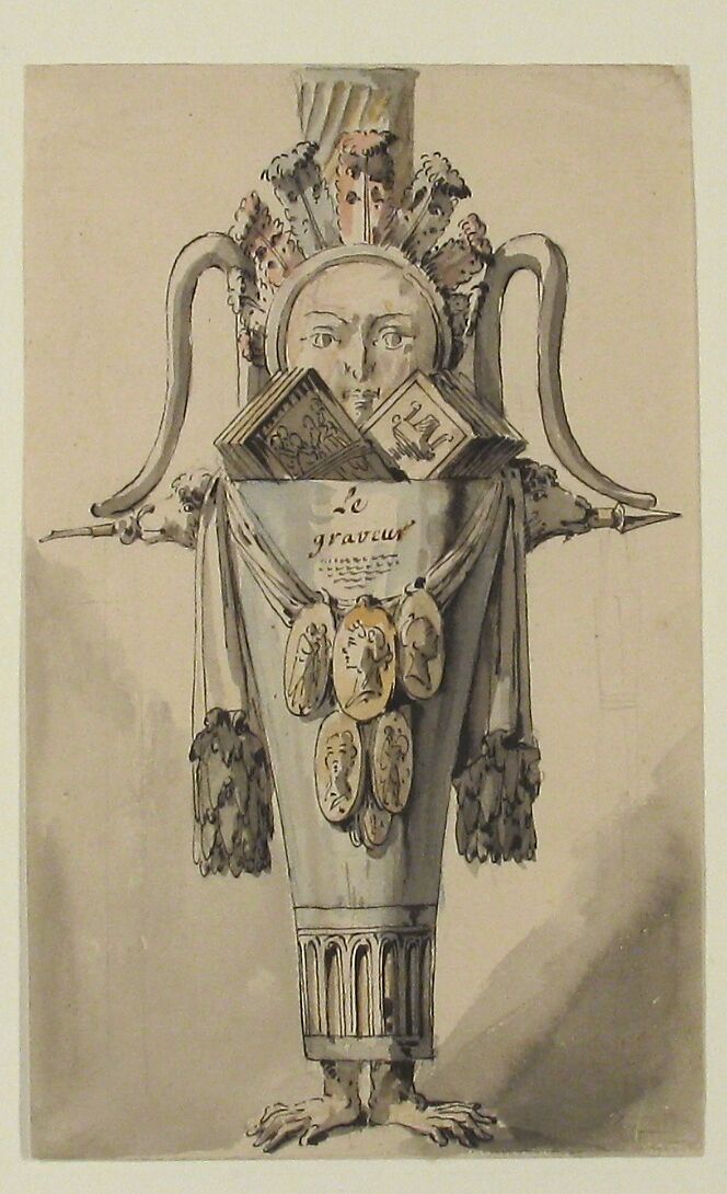 Caricature of an Engraver (recto); Sketch for a Caricature (verso), Jean Charles Delafosse (French, Paris 1734–1789 Paris), Pen and black ink, brush and gray wash, colored washes, over black chalk (recto); black chalk (verso)