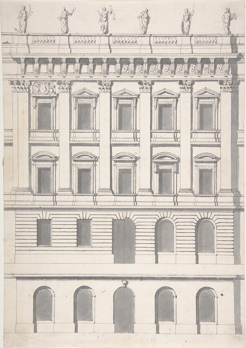 Design for a Palace Façade, Carl Hårleman (Swedish, Stockholm 1700–1753 Stockholm), Pen and gray and black ink, brush and gray ink, chalk or graphite 