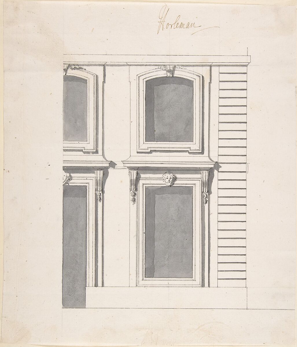 Design for a Palace Façade: detail of Windows and Doors, Carl Hårleman (Swedish, Stockholm 1700–1753 Stockholm), Pen and black and gray ink, brush and gray ink, over black chalk or graphite 