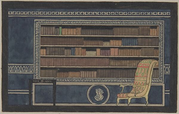 View of Interior for Paris Exhibition 1925, Bookcase Wall Elevation, Erik Gunnar Asplund (Swedish, Stockholm 1885–1940 Stockholm), Pen and black ink, brush and watercolor and gouache, laid down on board. 