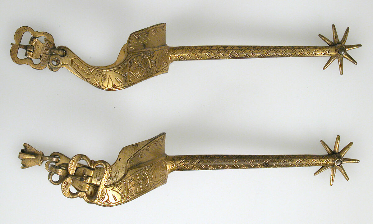 Pair of Rowel Spurs, Copper alloy, gold, German 