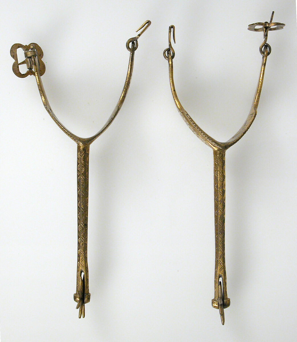 Pair of Rowel Spurs, Copper alloy, gold, German