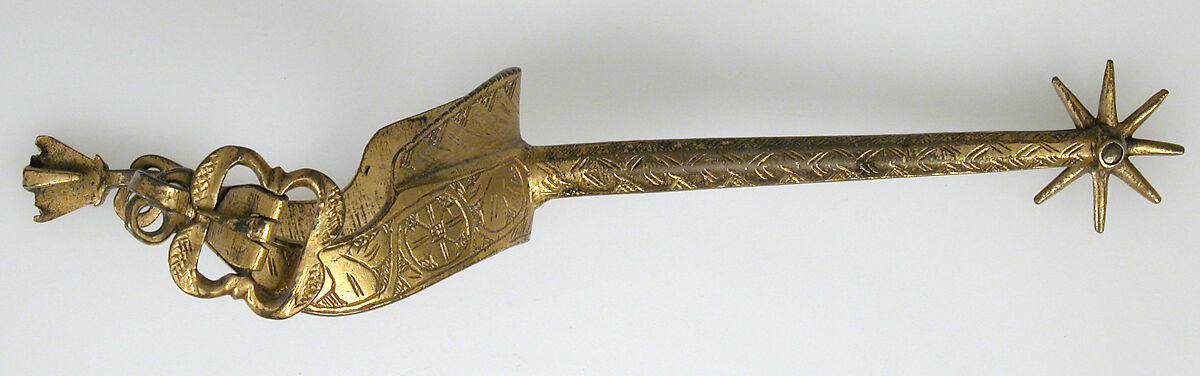 Pair of Rowel Spurs, Copper alloy, gold, German