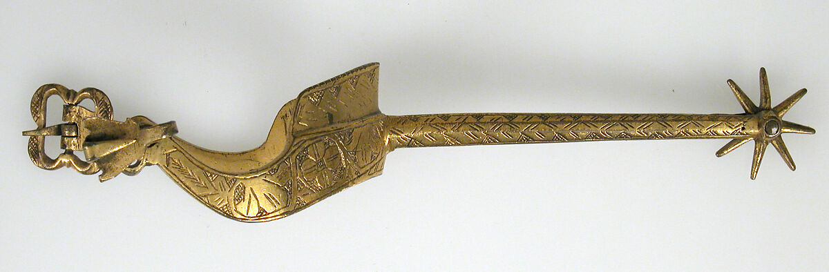 Pair of Rowel Spurs, Copper alloy, gold, German